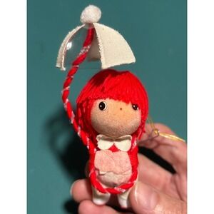 Vintage Handmade Japan Red Yarn Doll Ornament With Braided Umbrella